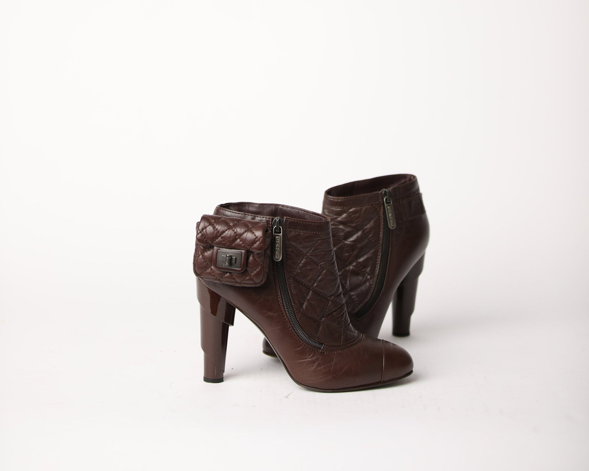 CHANEL Brown Leather Boots with Ankle Pouch The Vault By Volpe Beringer